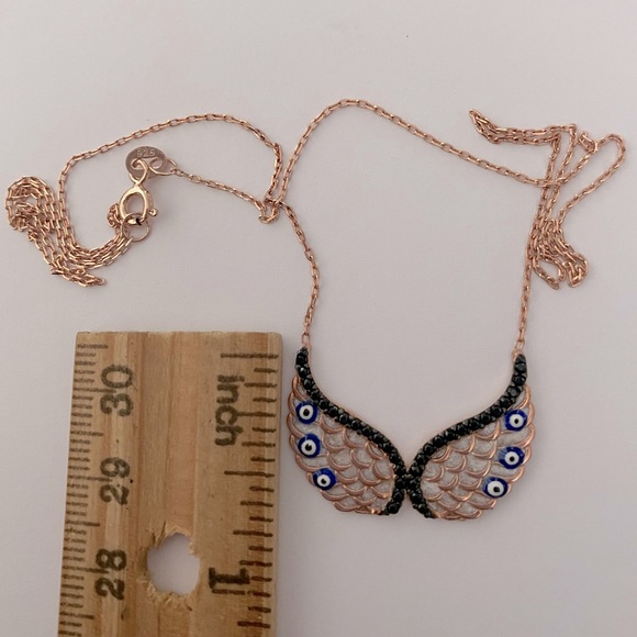 925 Silver angel wings necklace evil eye black cz - Picture 3 of 4